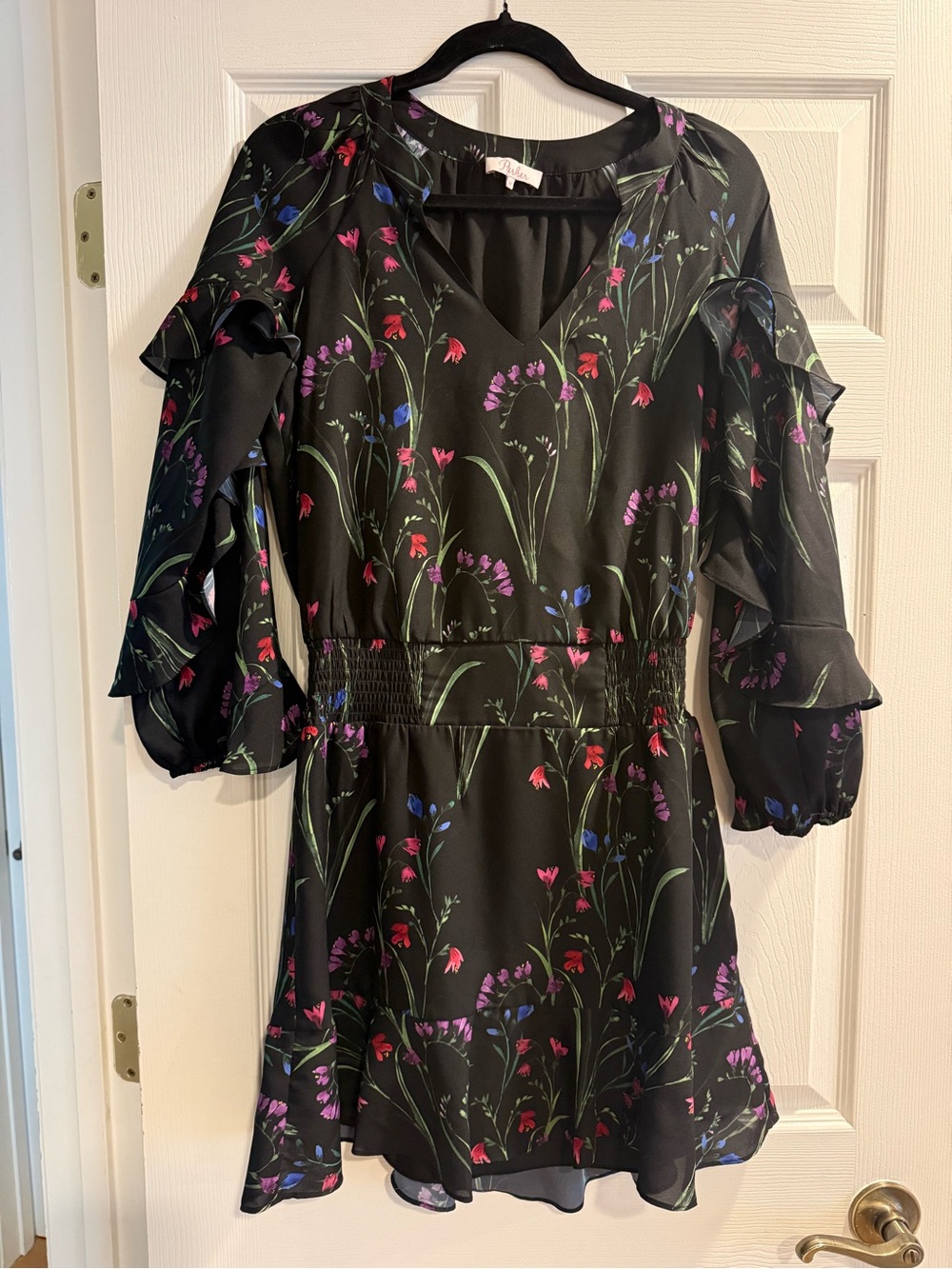 Parker Floral-print Black Ruffle Sleeve Smocked Waist Dress M